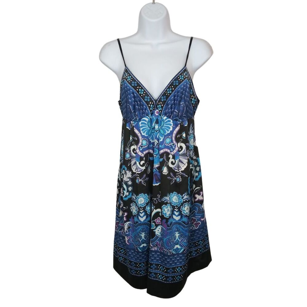 Vintage Ice Black Blue White Tribal Floral Print Slip Dress Y2K Sz 4